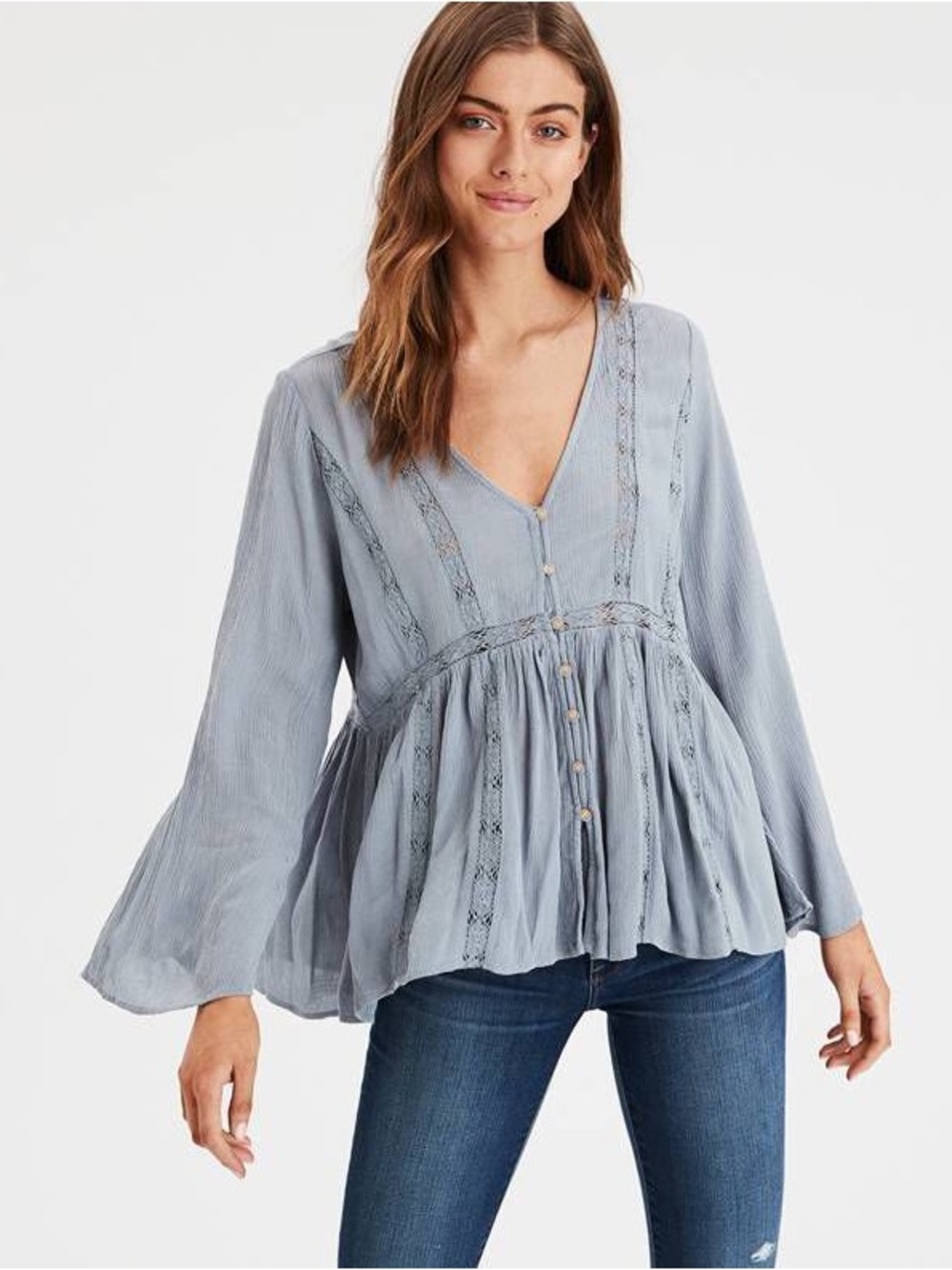 American Eagle Summer Boho Lace Inset Tunic Bell Sleeve Blouse Top